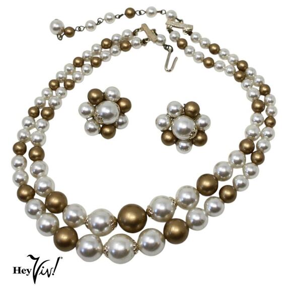 Vintage 2 Strand Gold White Bead Necklace Clip On Earring Set Original Box Japan - Picture 1 of 7
